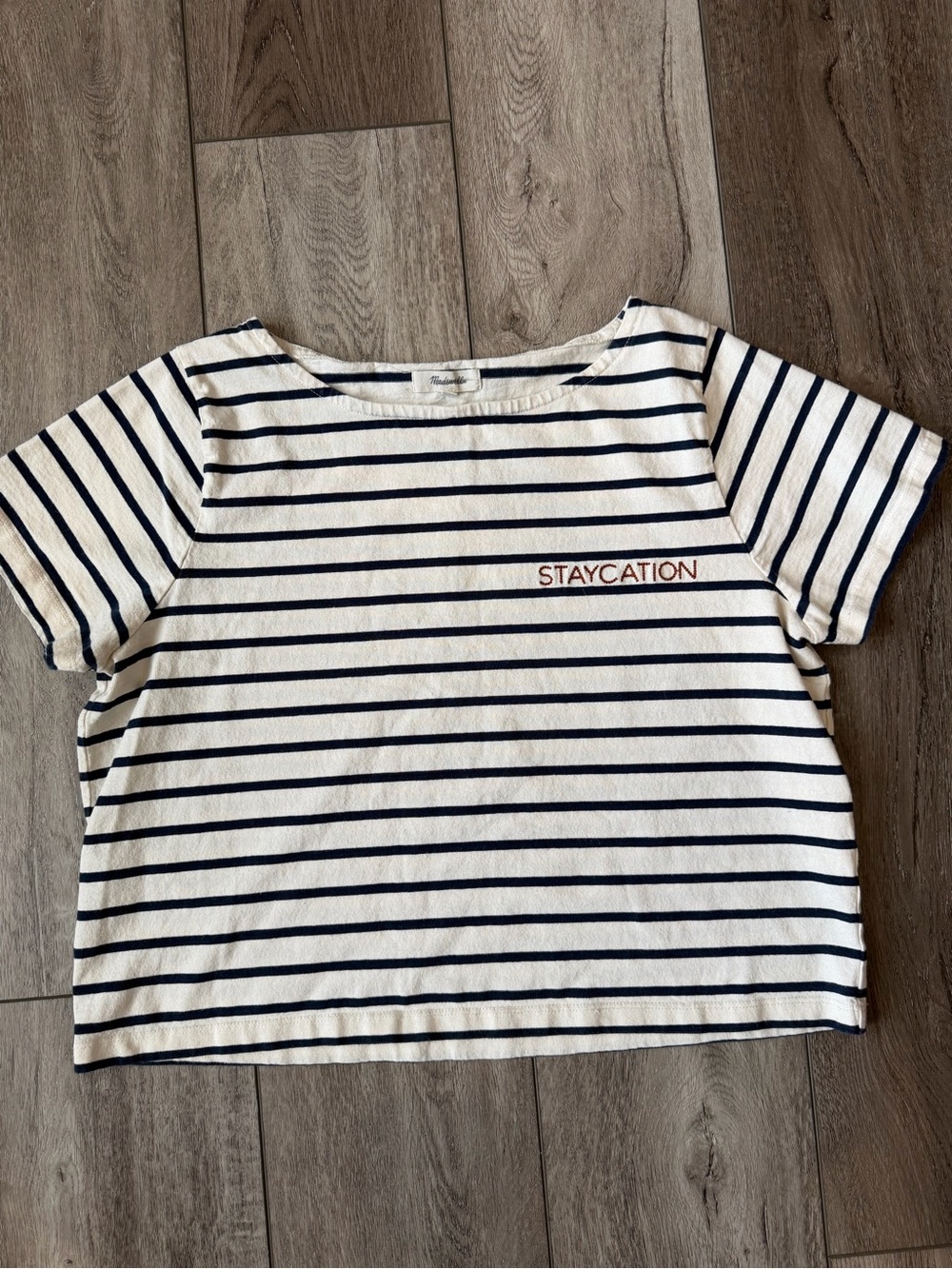Madewell Navy and White Cropped Striped Tee with 'STAYCATION' Embroidery